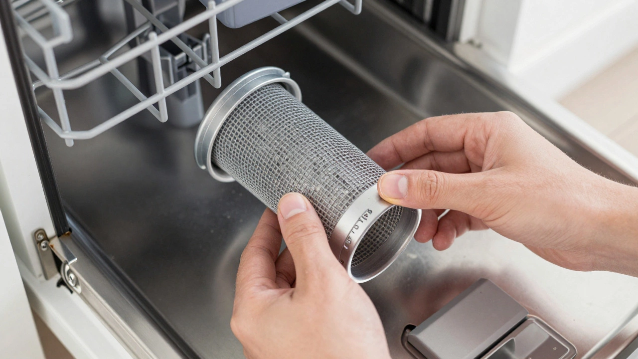 Hands removing a mesh filter from the bottom of a dishwasher tub for cleaning