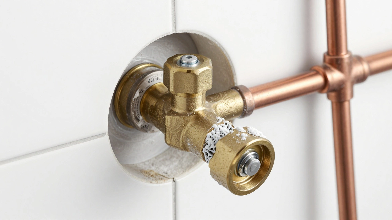 Technical cross-section of a shower valve showing mineral buildup in the cartridge.