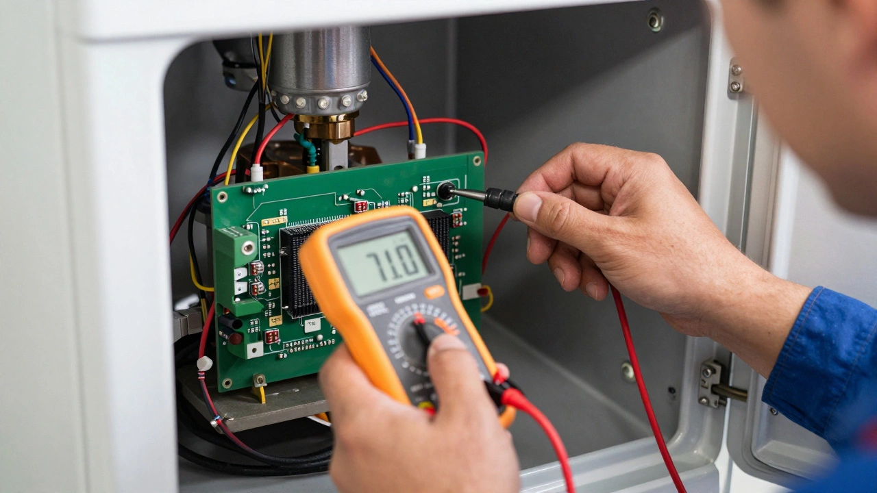 Technician repairing a boiler circuit board with a multimeter
