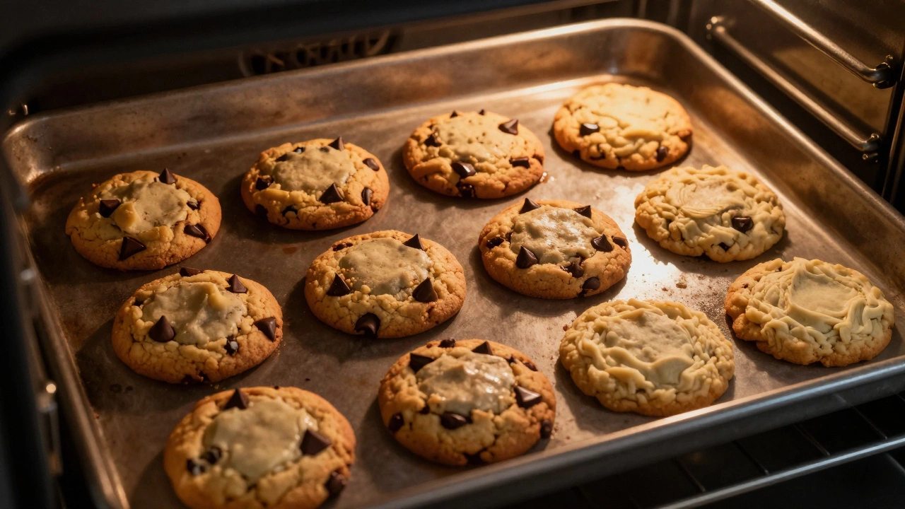 Unevenly baked cookies in an oven showing raw and cooked sections.