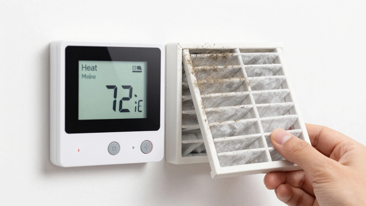 Clean vs dirty air filter comparison next to a digital thermostat