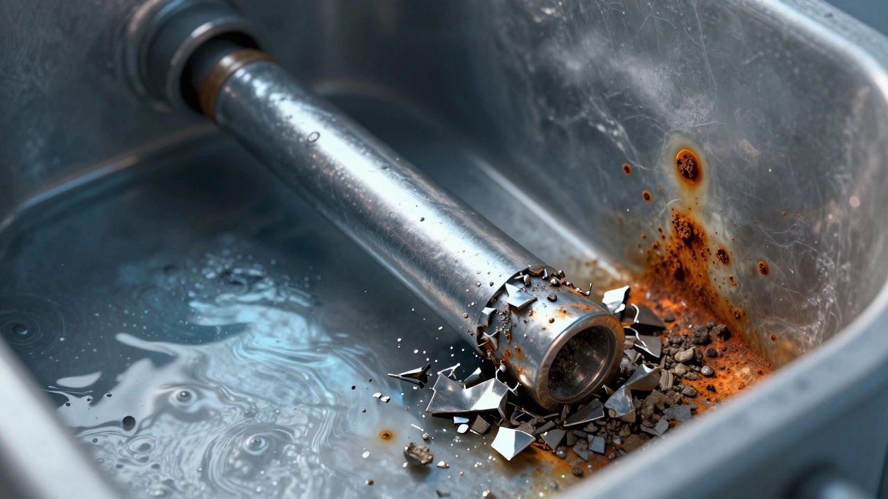 Close-up of corroding anode rod and rust forming inside water heater tank