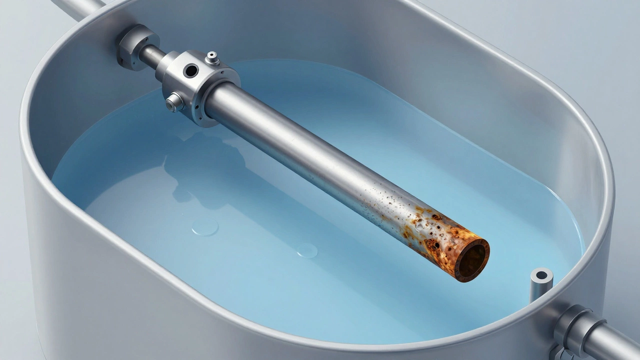 Cutaway illustration showing a corroded anode rod protecting the water heater tank.