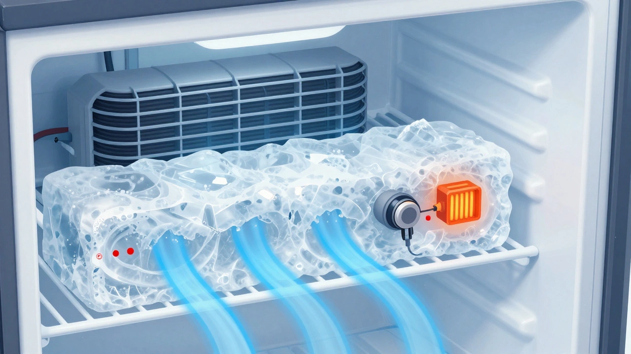 Freezer interior cutaway showing ice blocking evaporator coils