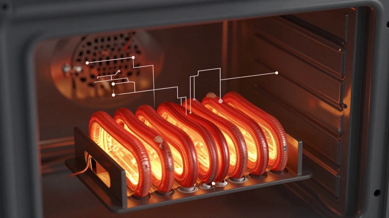Glowing red oven heating element showing signs of wear