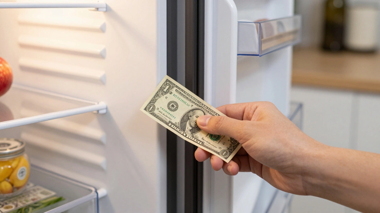 Hand testing freezer door seal with a dollar bill