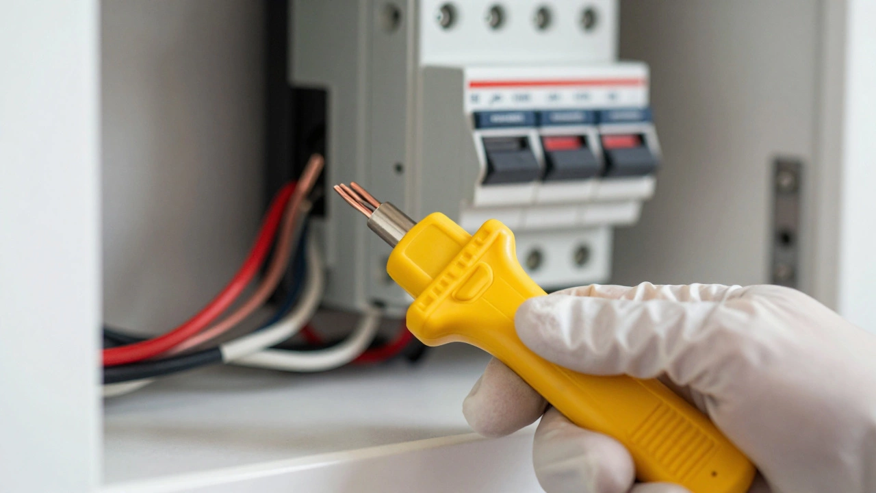 Hand using voltage tester on wires near switched-off fuse box