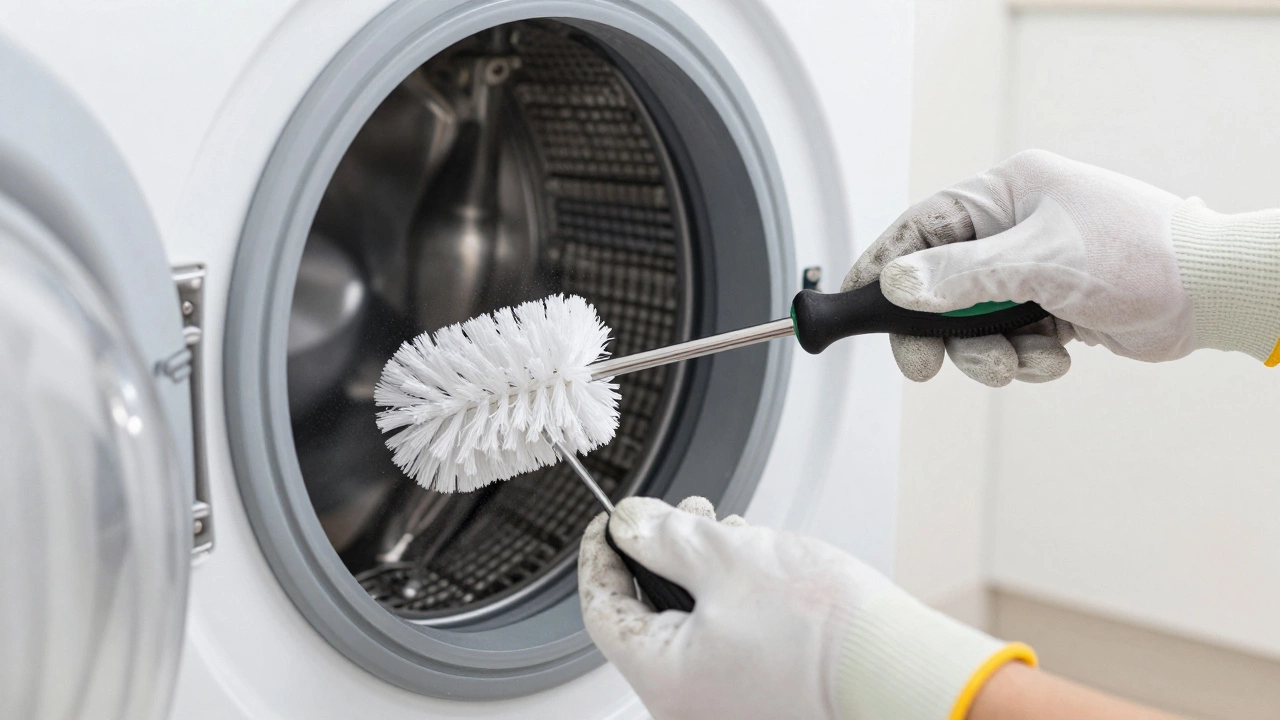 Hands cleaning a lint filter from a washing machine to demonstrate basic appliance maintenance.