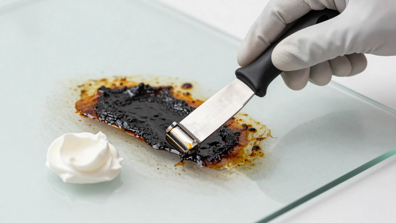 Hands scraping burnt residue off a cooktop with a razor blade