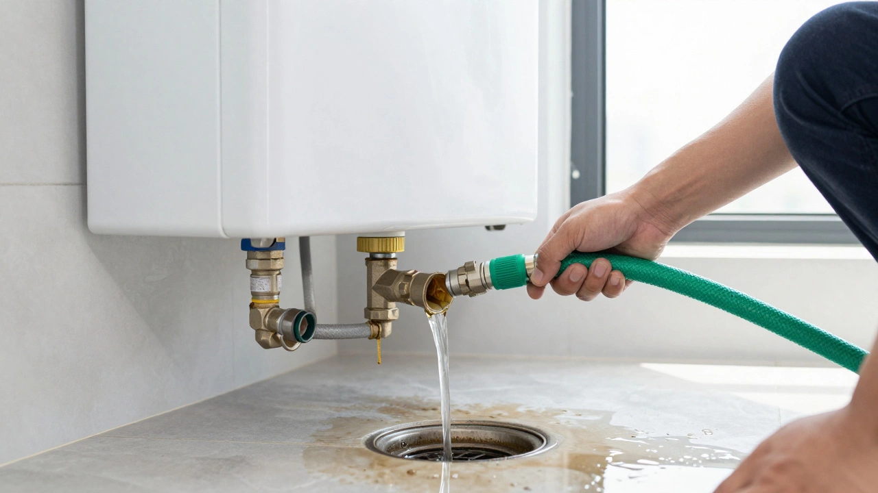 Homeowner flushing dirty water from water heater using a garden hose