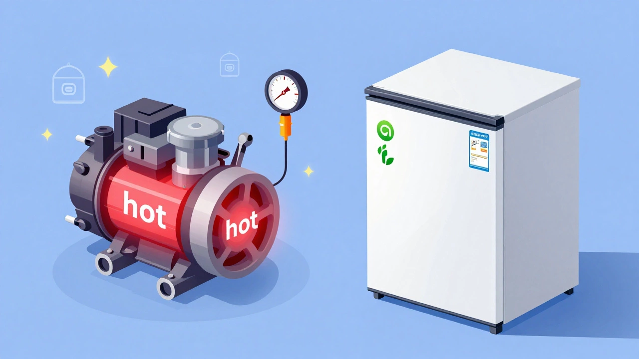 Illustration comparing faulty compressor parts with new efficient freezer