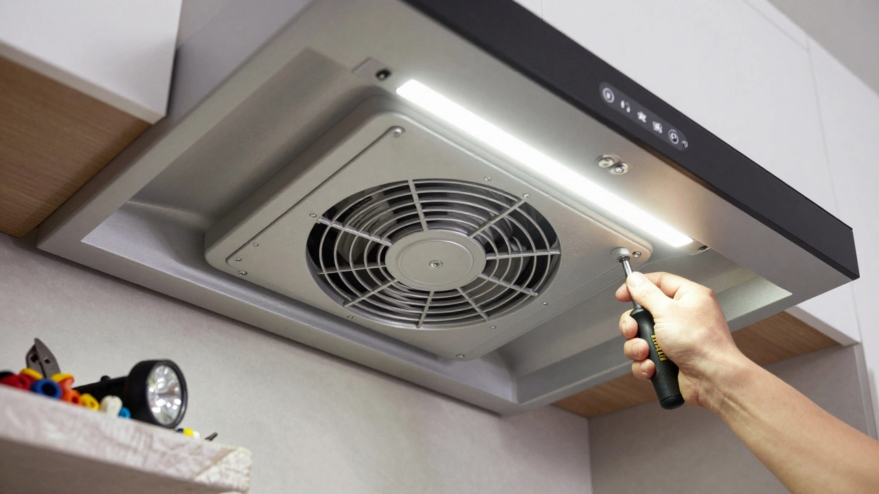 New extractor fan installed with tools and bright under-hood lighting