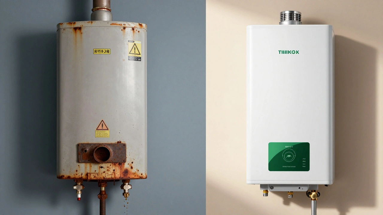 Split image comparing an old leaking water heater with a new efficient model.