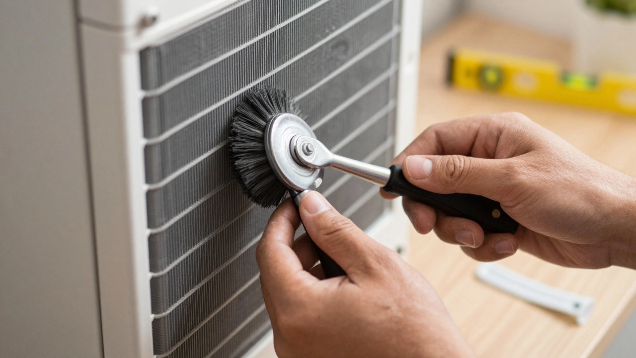 Technician cleaning condenser coils on the back of a refrigerator