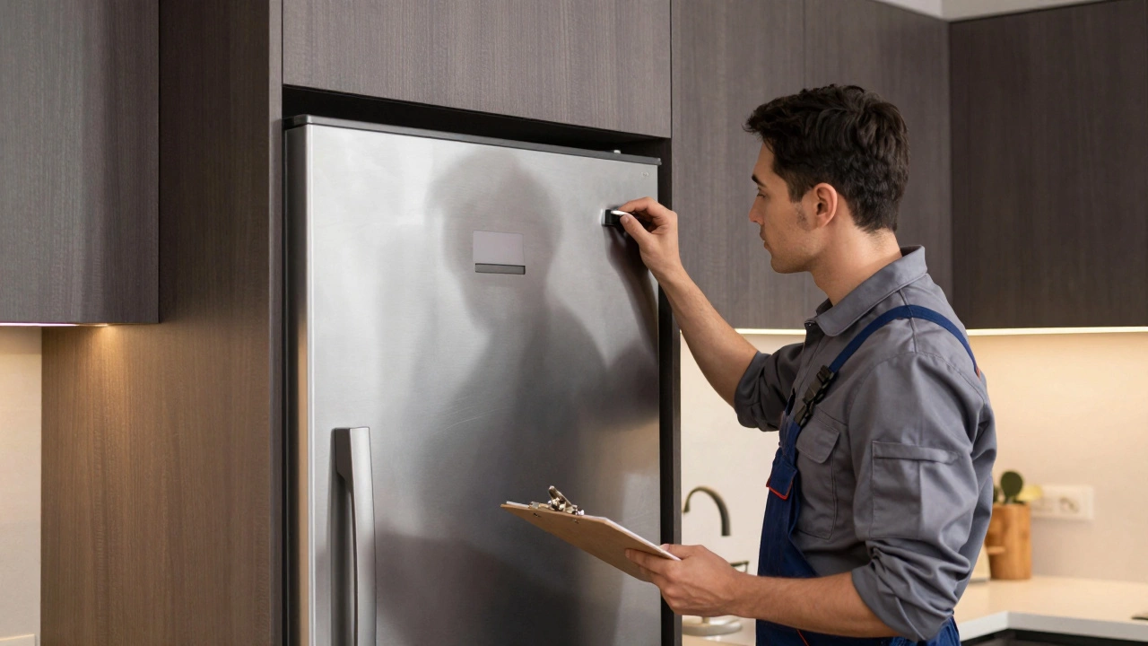 Technician inspecting built-in stainless steel freezer in kitchen