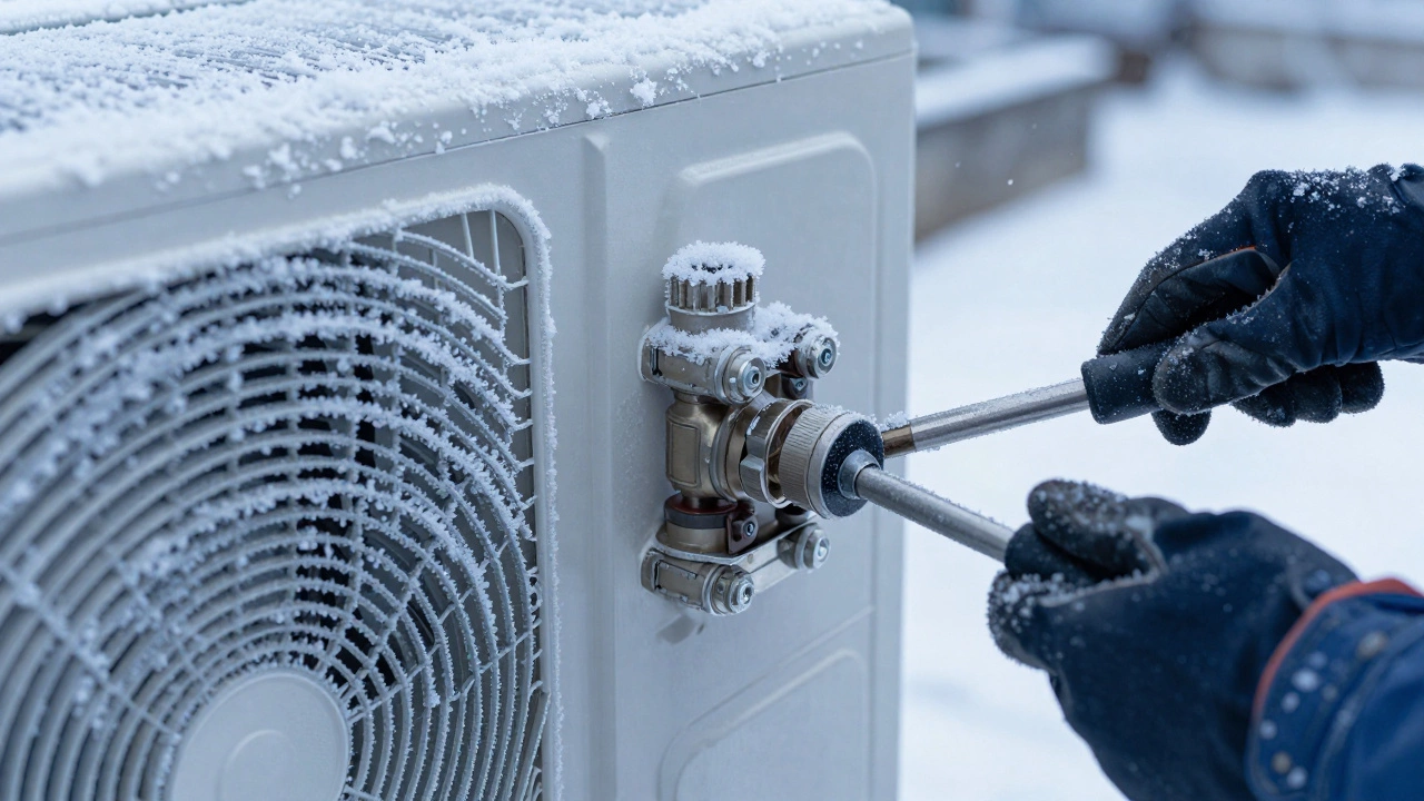 Technician inspecting frozen outdoor heat pump coils in winter