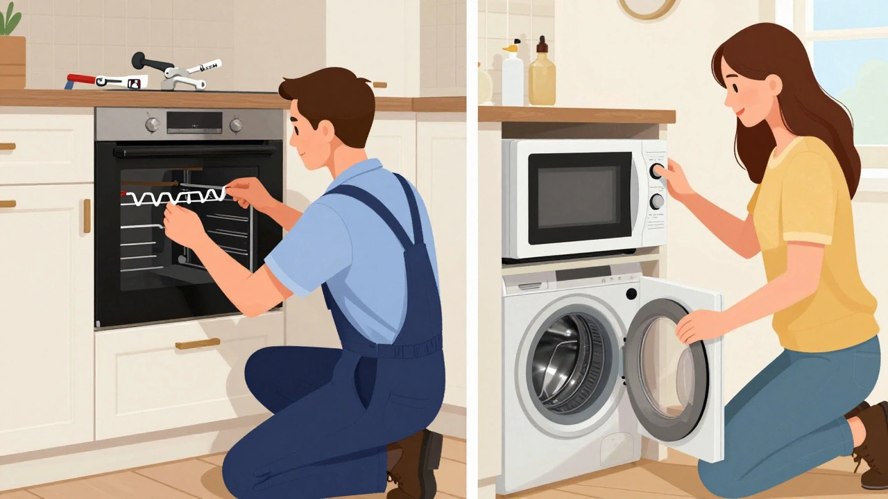 Technician repairing a built-in oven while a homeowner moves a freestanding microwave.