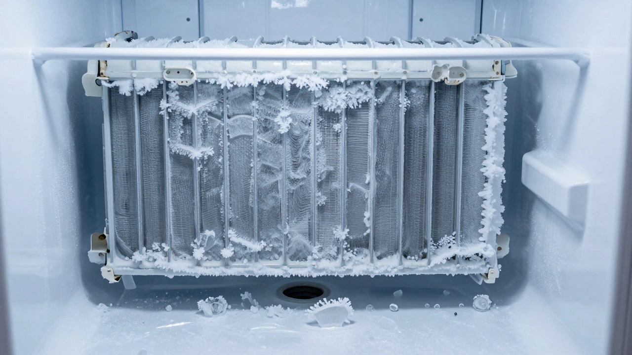 Thick ice buildup on freezer evaporator coils and drain