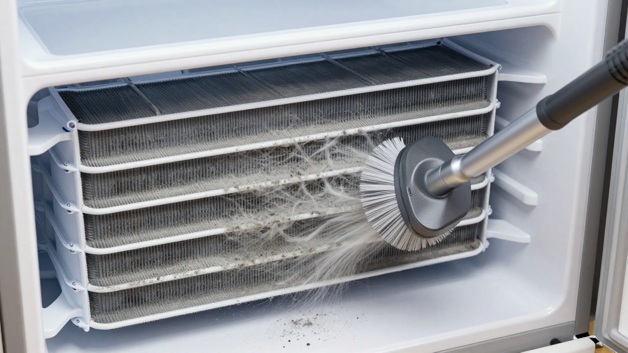 Vacuum cleaning dust-clogged condenser coils on fridge back