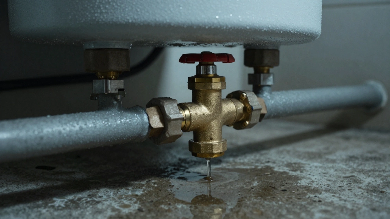 Water leaking from a T&amp;P relief valve onto the floor of a utility room.