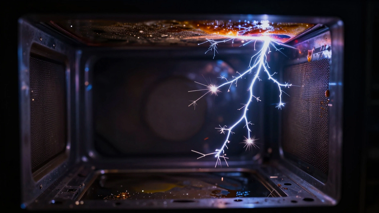 Blue electrical sparks arcing inside microwave cavity