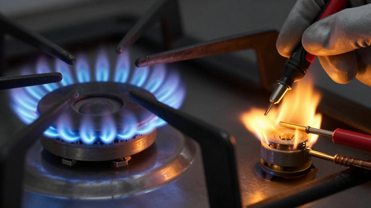 Close-up of blue vs yellow gas flames showing safety hazards.