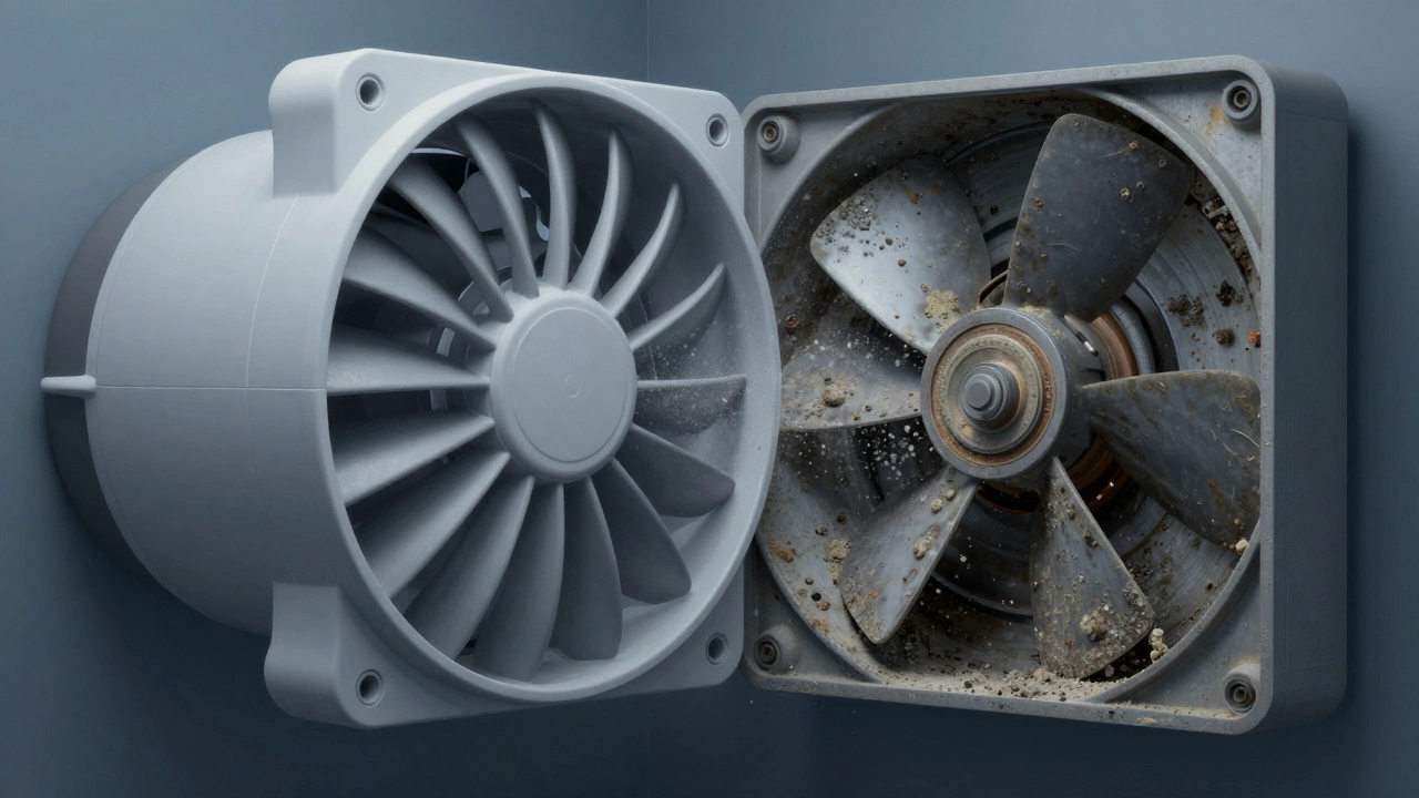 Cutaway view of a dirty, corroded bathroom fan motor