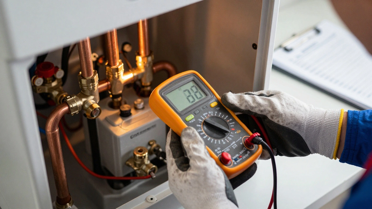 Engineer inspecting complex internal boiler components with tools