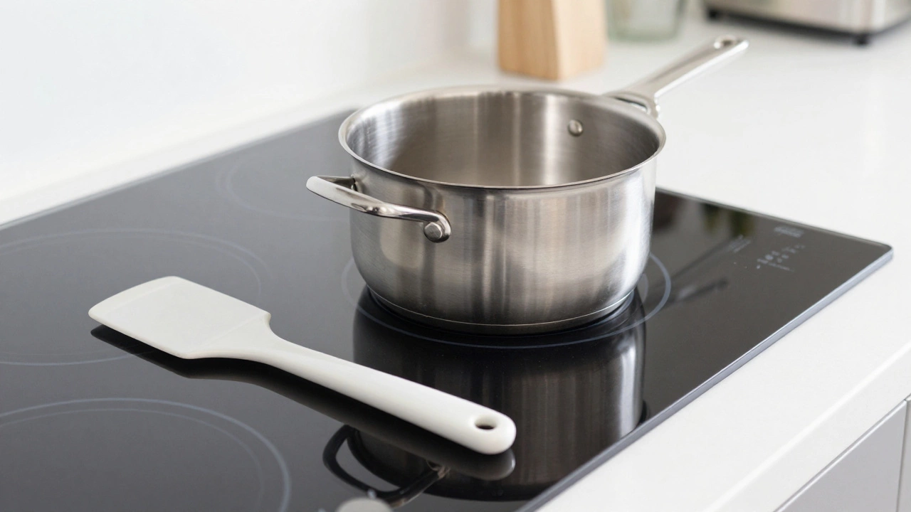 Flat-bottomed pot and scraper on a clean electric hob