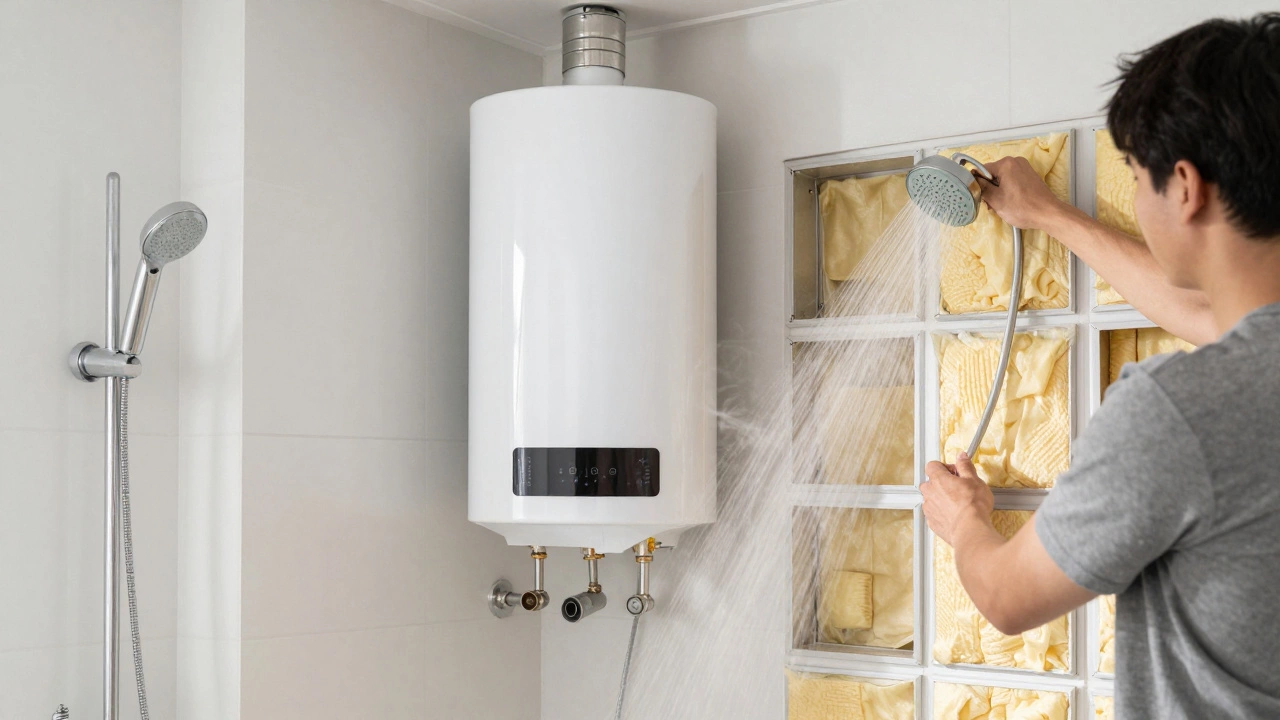 Homeowner finishing water heater repair with hot water restored
