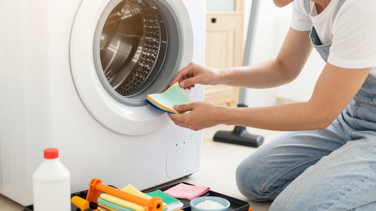 Homeowner inspecting washing machine seal with cleaning supplies nearby