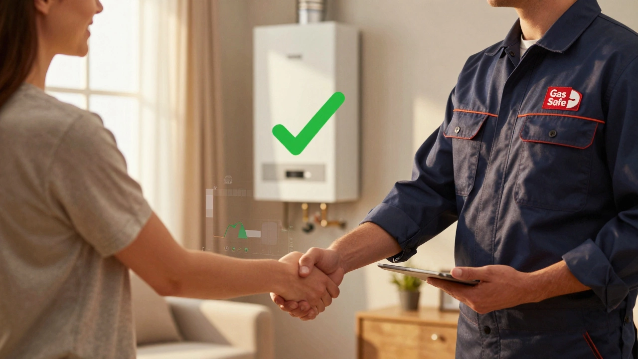 Homeowner shaking hands with certified technician in warm living room