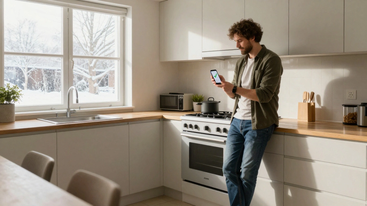Homeowner smiling next to repaired oven in kitchen