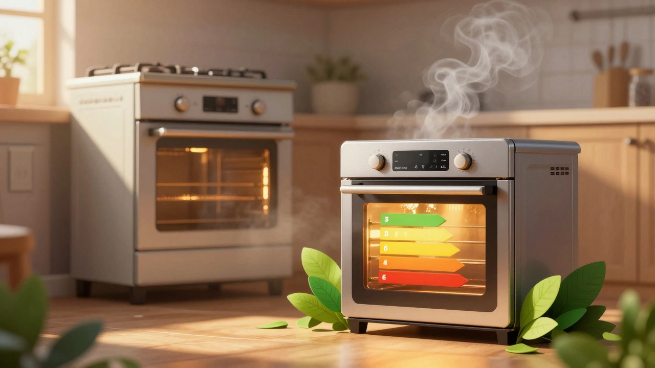Illustration of old inefficient oven vs modern energy-saving oven with leaves