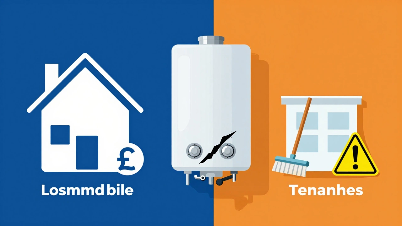 Illustration splitting landlord and tenant responsibilities for boiler repairs.