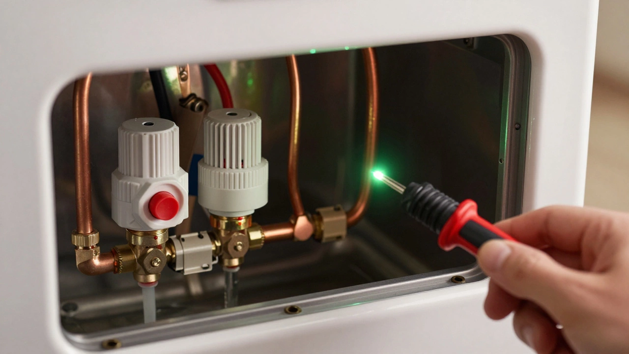 Internal view of water heater with voltage tester confirming power is off