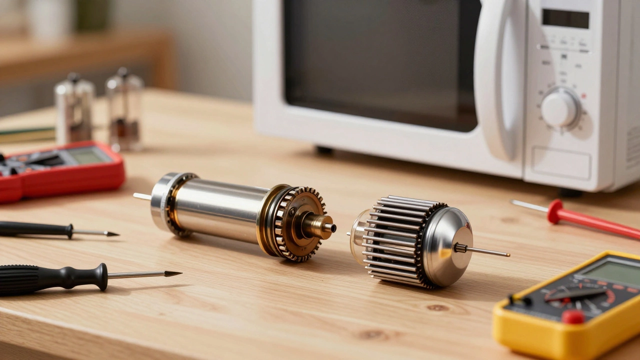 Old magnetron tube next to new replacement part