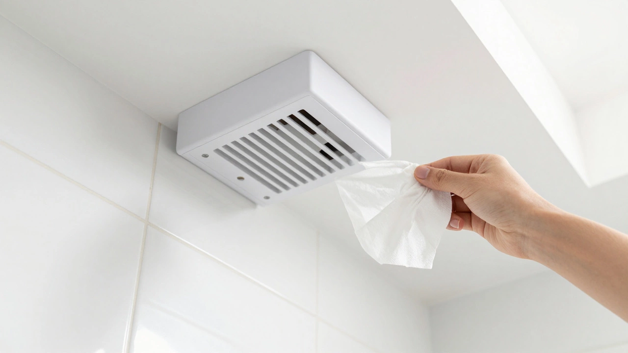 Person testing bathroom fan suction with tissue paper