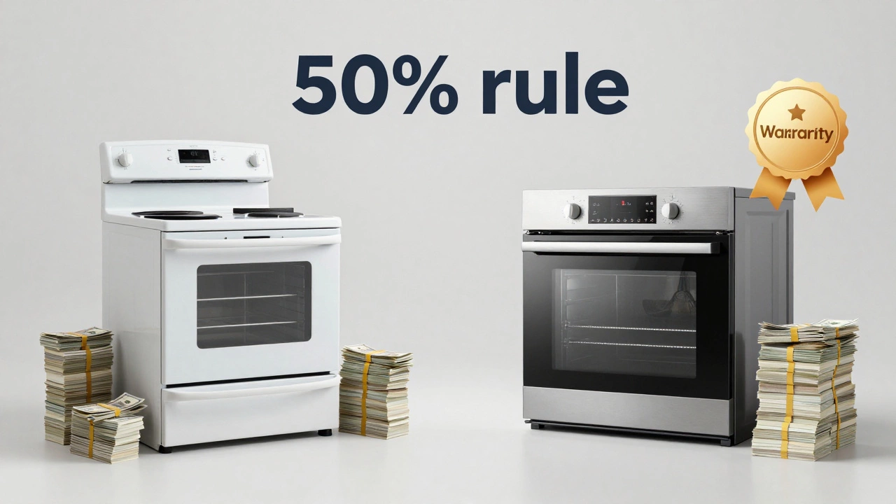 Split screen comparing cost of repairing old oven vs buying new smart oven