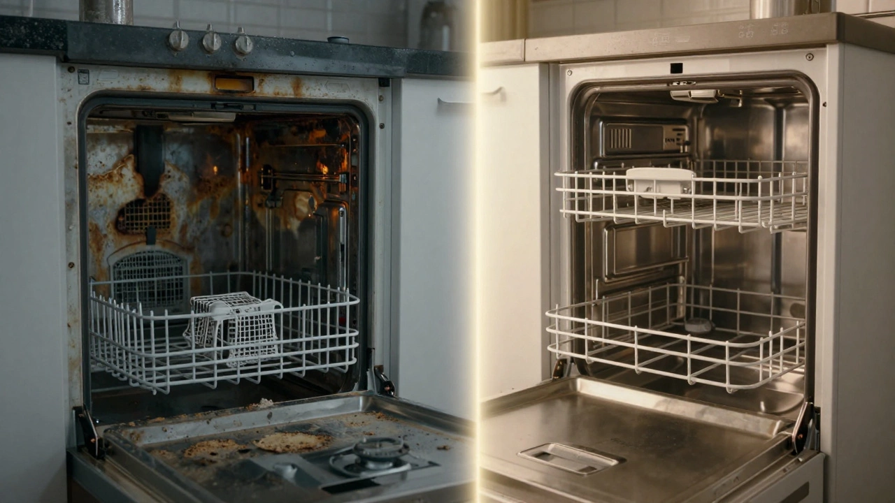 Split view comparing dirty neglected appliances with clean maintained ones