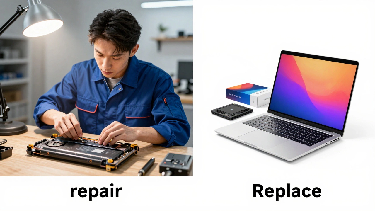 Split view of laptop repair vs new laptop unboxing
