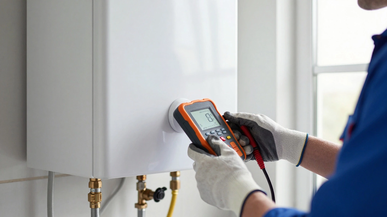 Technician inspecting a modern boiler in a clean, well-lit utility room.