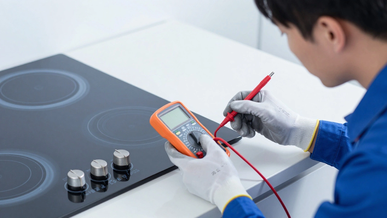 Technician inspecting electric hob with multimeter