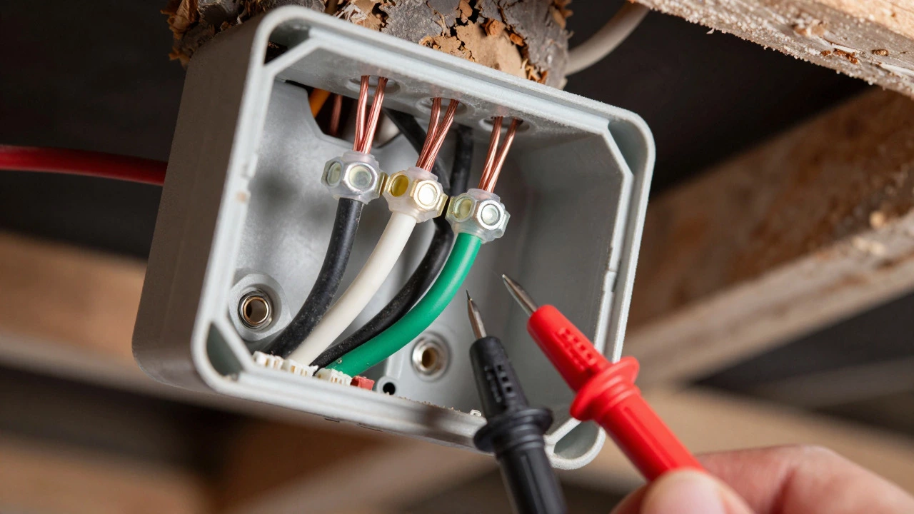 Close-up of electrical wires and multimeter in junction box