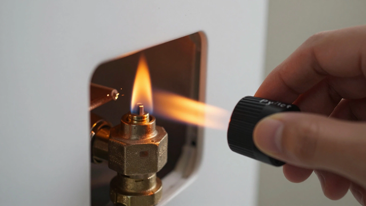 Close-up of hand relighting pilot light on gas water heater