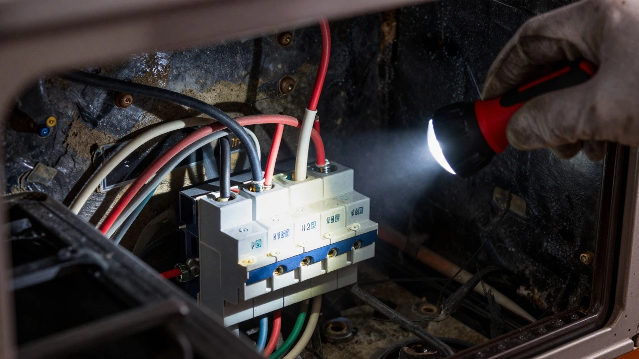 Close-up of hands connecting thick electrical wires inside oven junction box