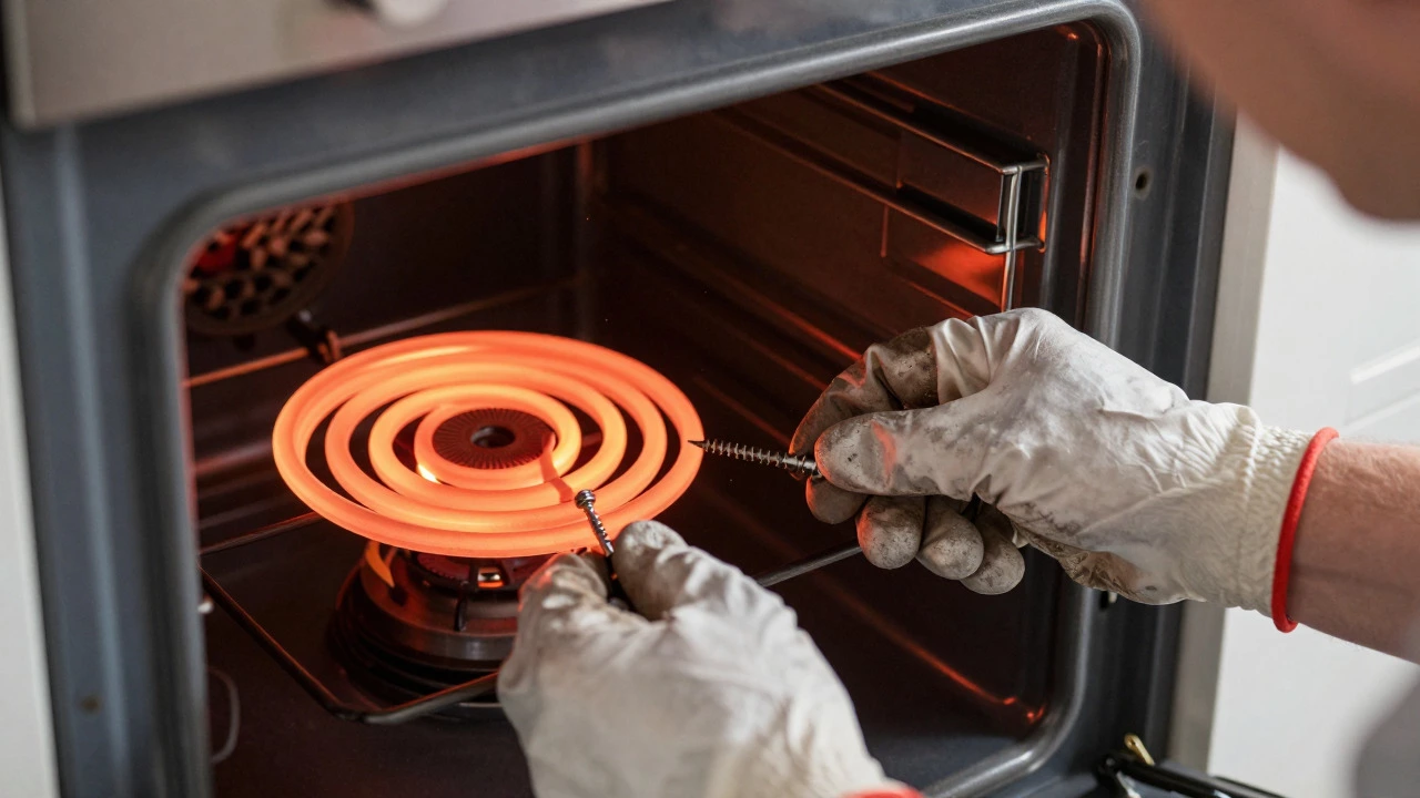 Close-up view of hands replacing a glowing heating element inside an oven