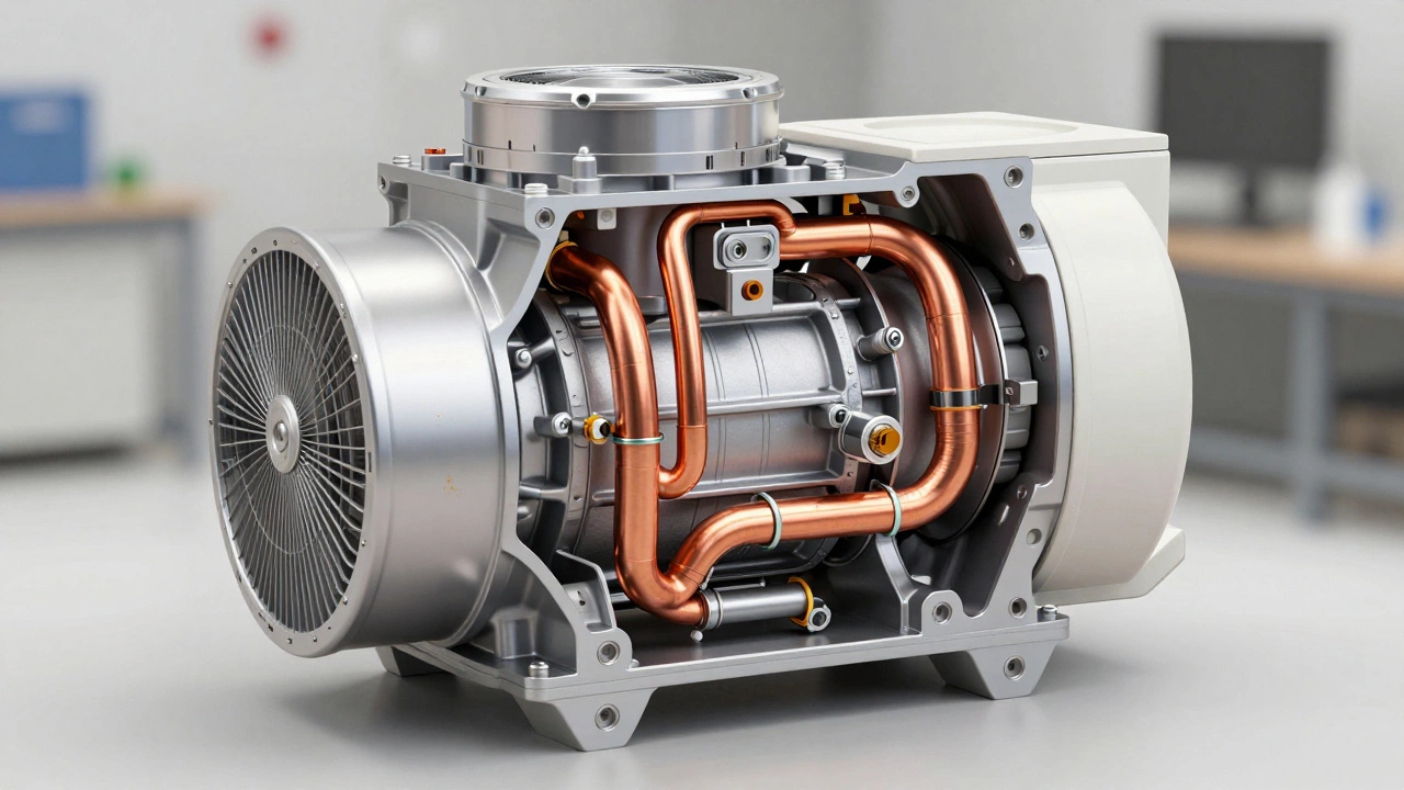 Cutaway view of heat pump compressor and internal components