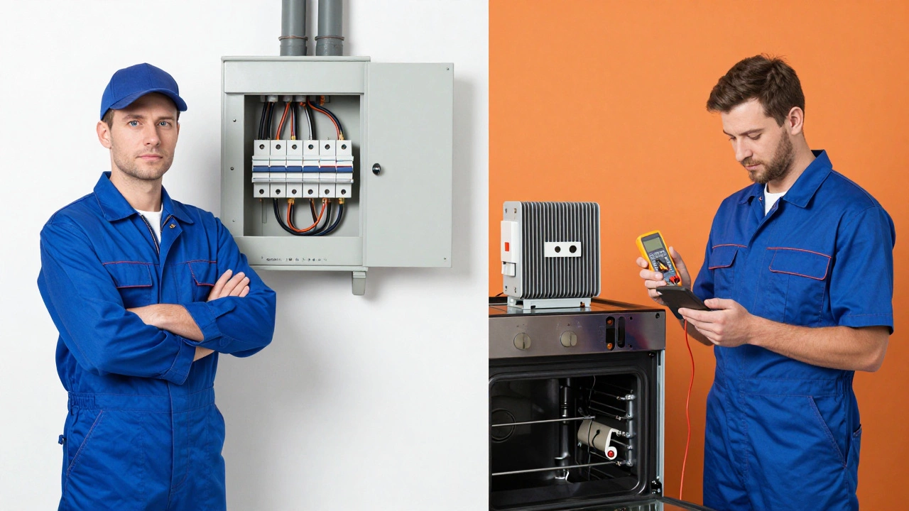 Electrician checking breaker panel versus appliance tech fixing oven internals