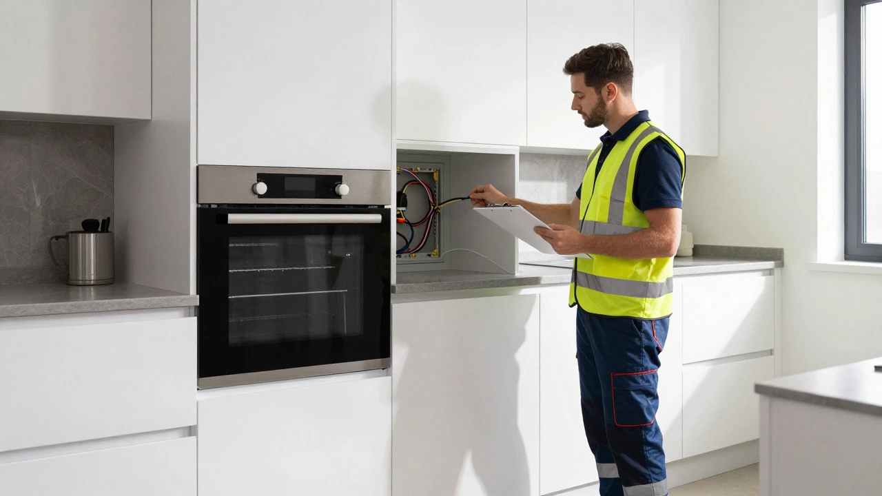 Electrician inspecting new oven installation in a modern kitchen